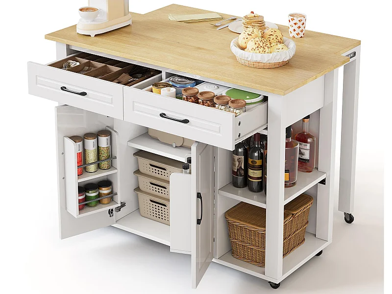 Mobile Kücheninsel - ausziehbare Arbeitsplatte - mit USB und Handtuchhalter - mit 2 Schubladen und 2 Türen - MDF - Weiß