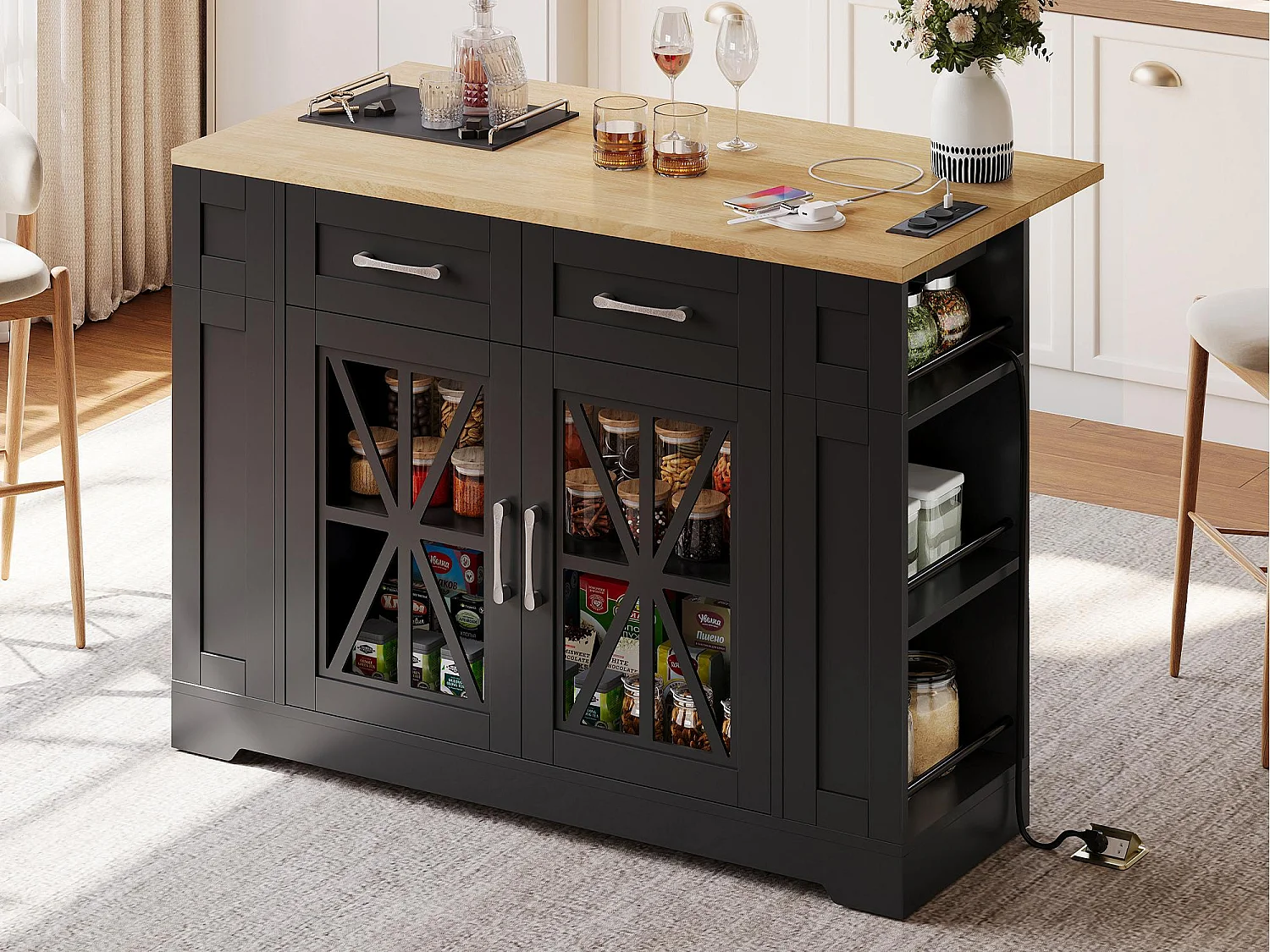 Ilot central de cuisine mobile - avec USB - plateau extensible - 2 tiroirs et 2 portes - MDF - Noir