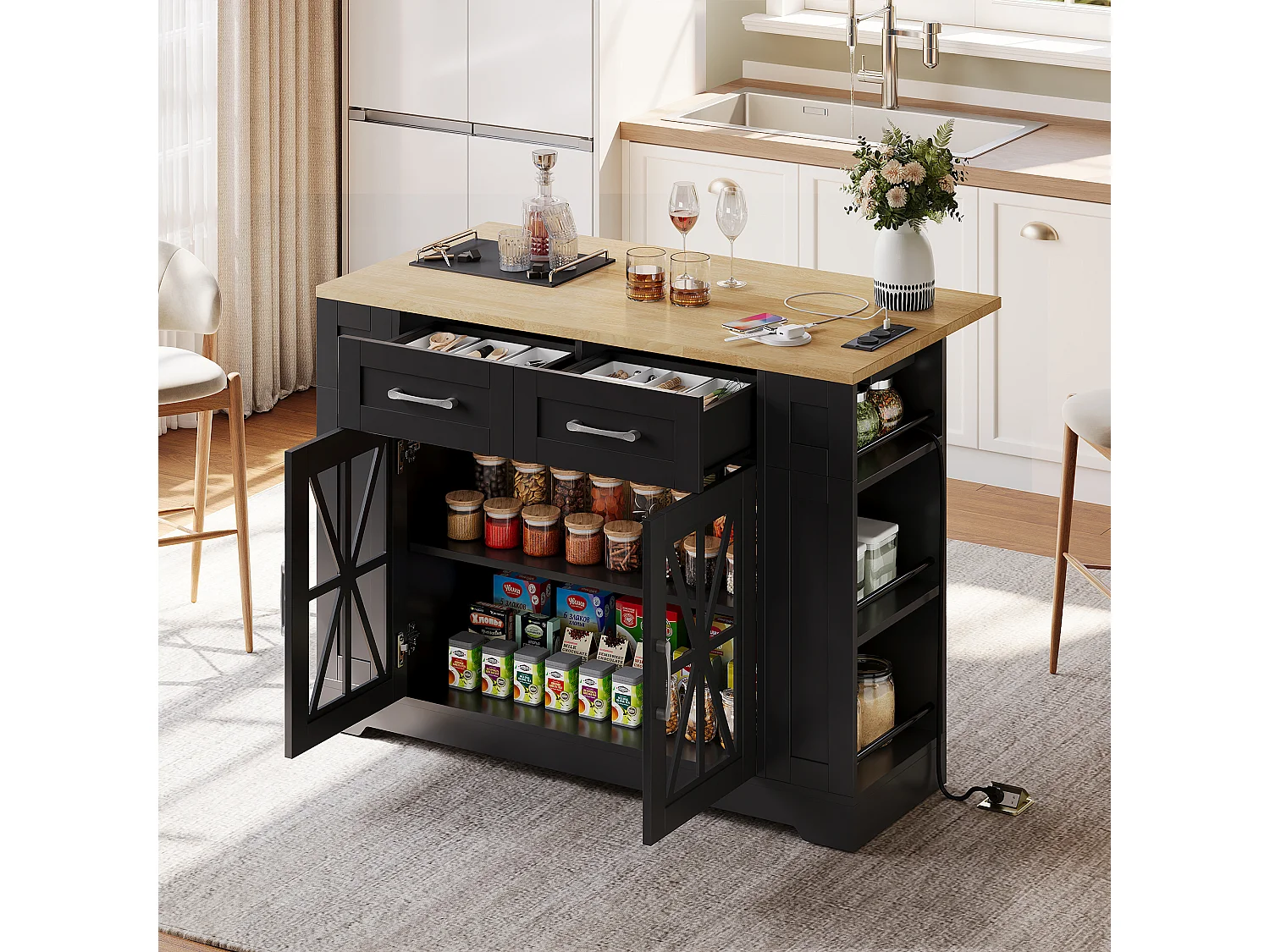 Ilot central de cuisine mobile - avec USB - plateau extensible - 2 tiroirs et 2 portes - MDF - Noir