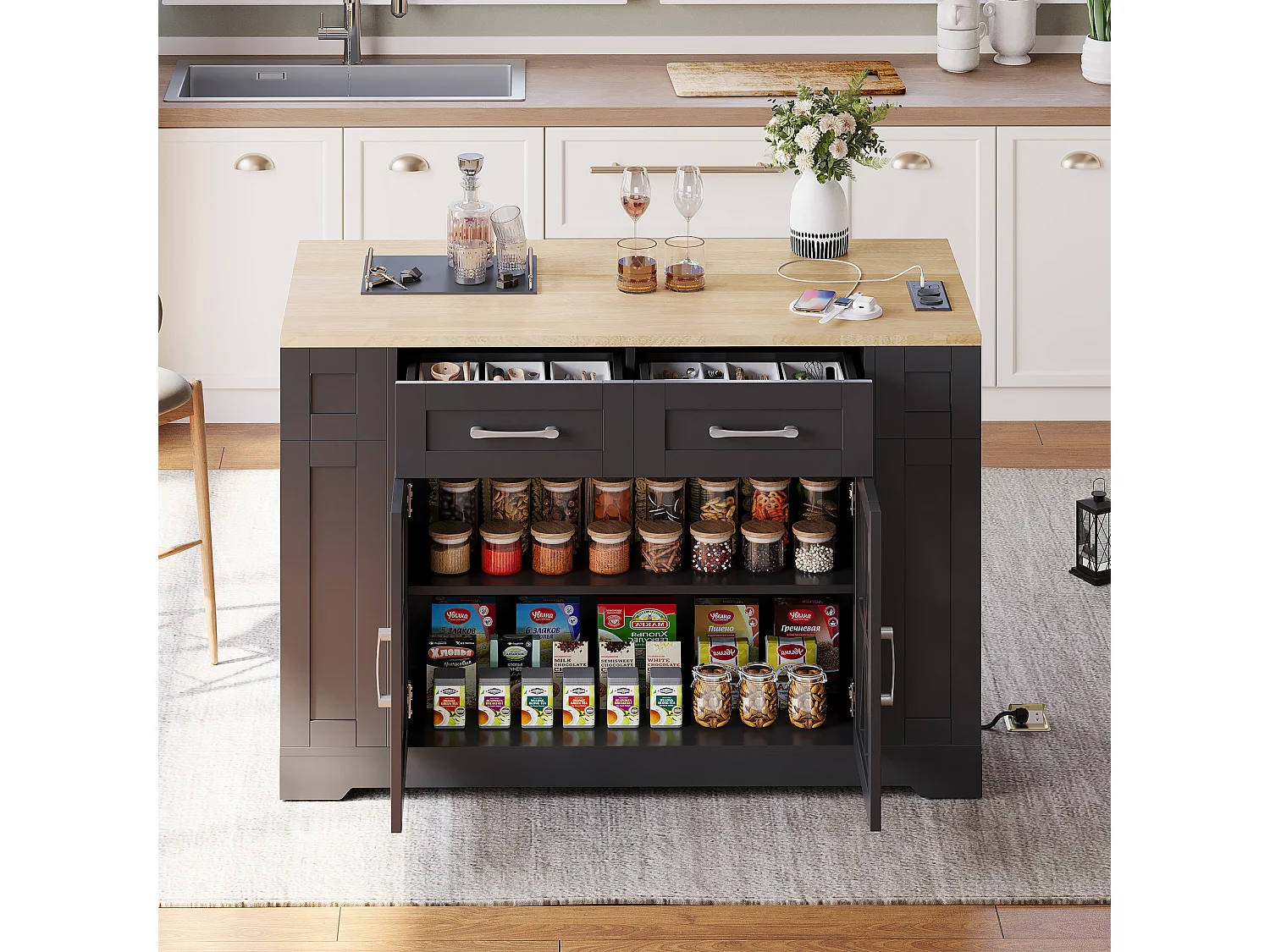 Ilot central de cuisine mobile - avec USB - plateau extensible - 2 tiroirs et 2 portes - MDF - Noir