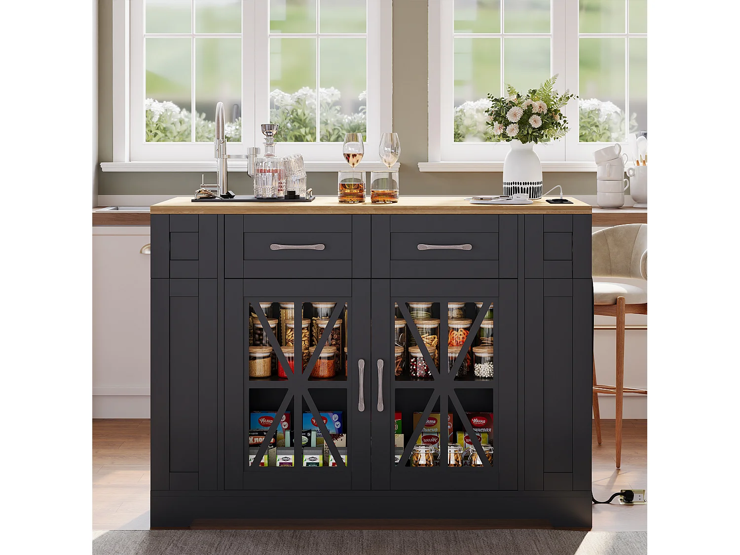 Ilot central de cuisine mobile - avec USB - plateau extensible - 2 tiroirs et 2 portes - MDF - Noir