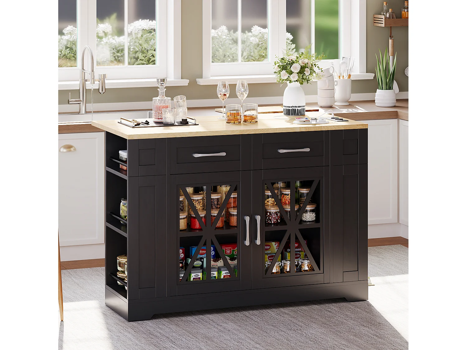 Ilot central de cuisine mobile - avec USB - plateau extensible - 2 tiroirs et 2 portes - MDF - Noir