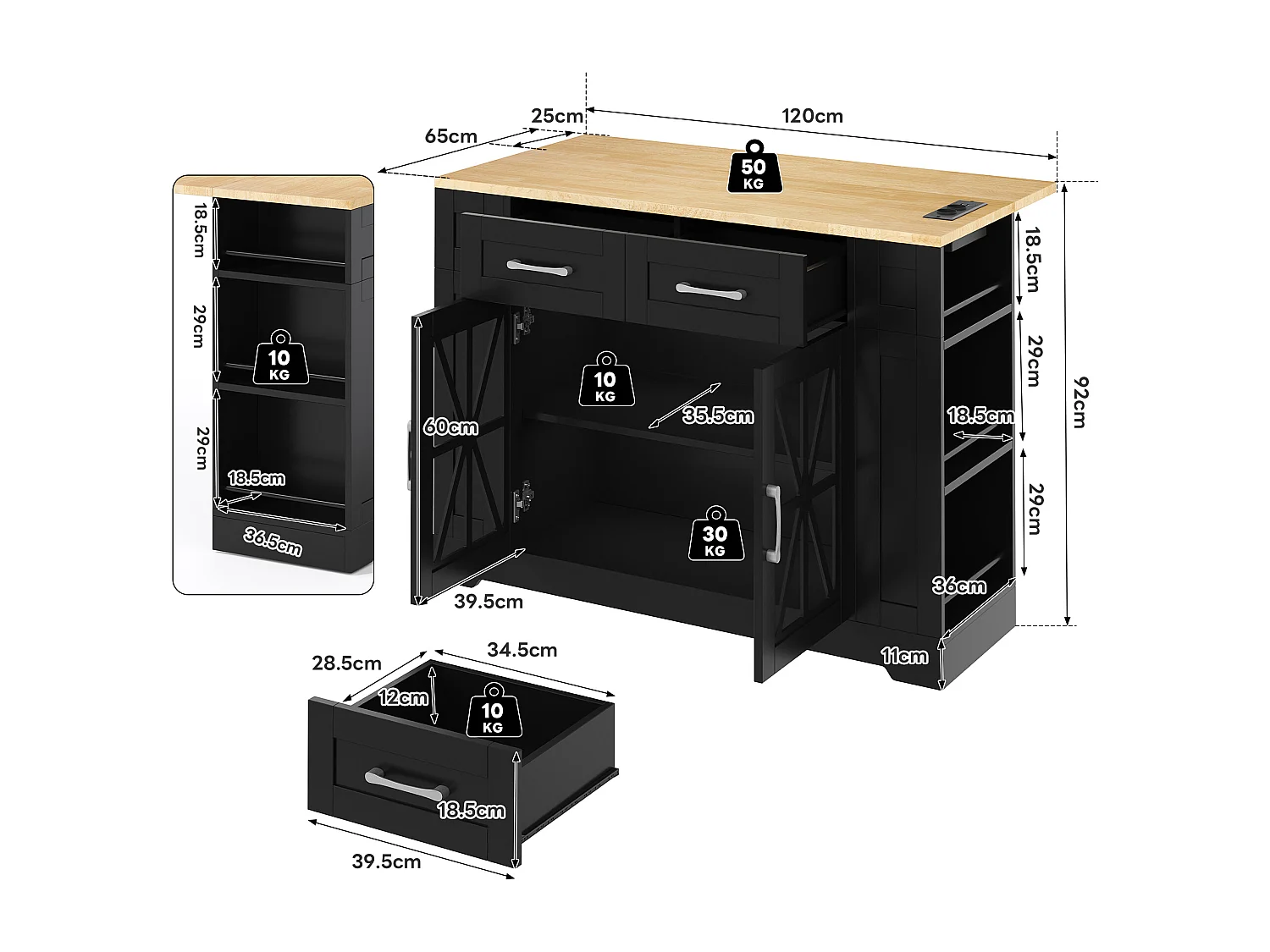 Ilot central de cuisine mobile - avec USB - plateau extensible - 2 tiroirs et 2 portes - MDF - Noir