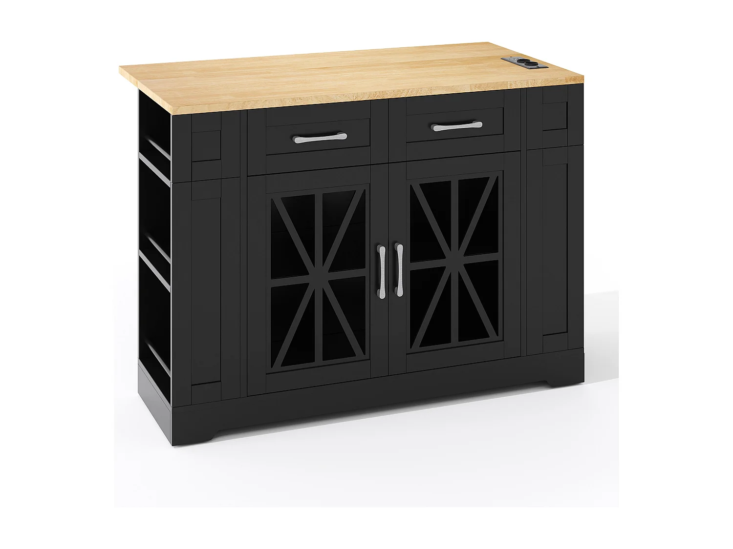 Ilot central de cuisine mobile - avec USB - plateau extensible - 2 tiroirs et 2 portes - MDF - Noir