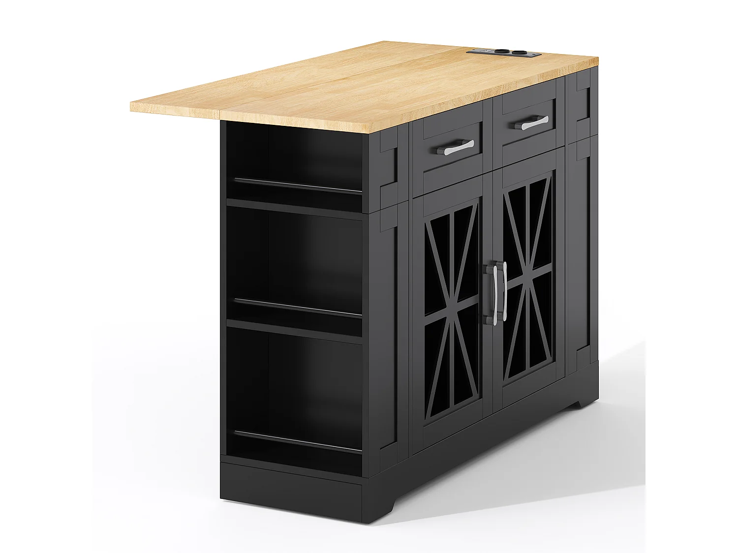 Ilot central de cuisine mobile - avec USB - plateau extensible - 2 tiroirs et 2 portes - MDF - Noir