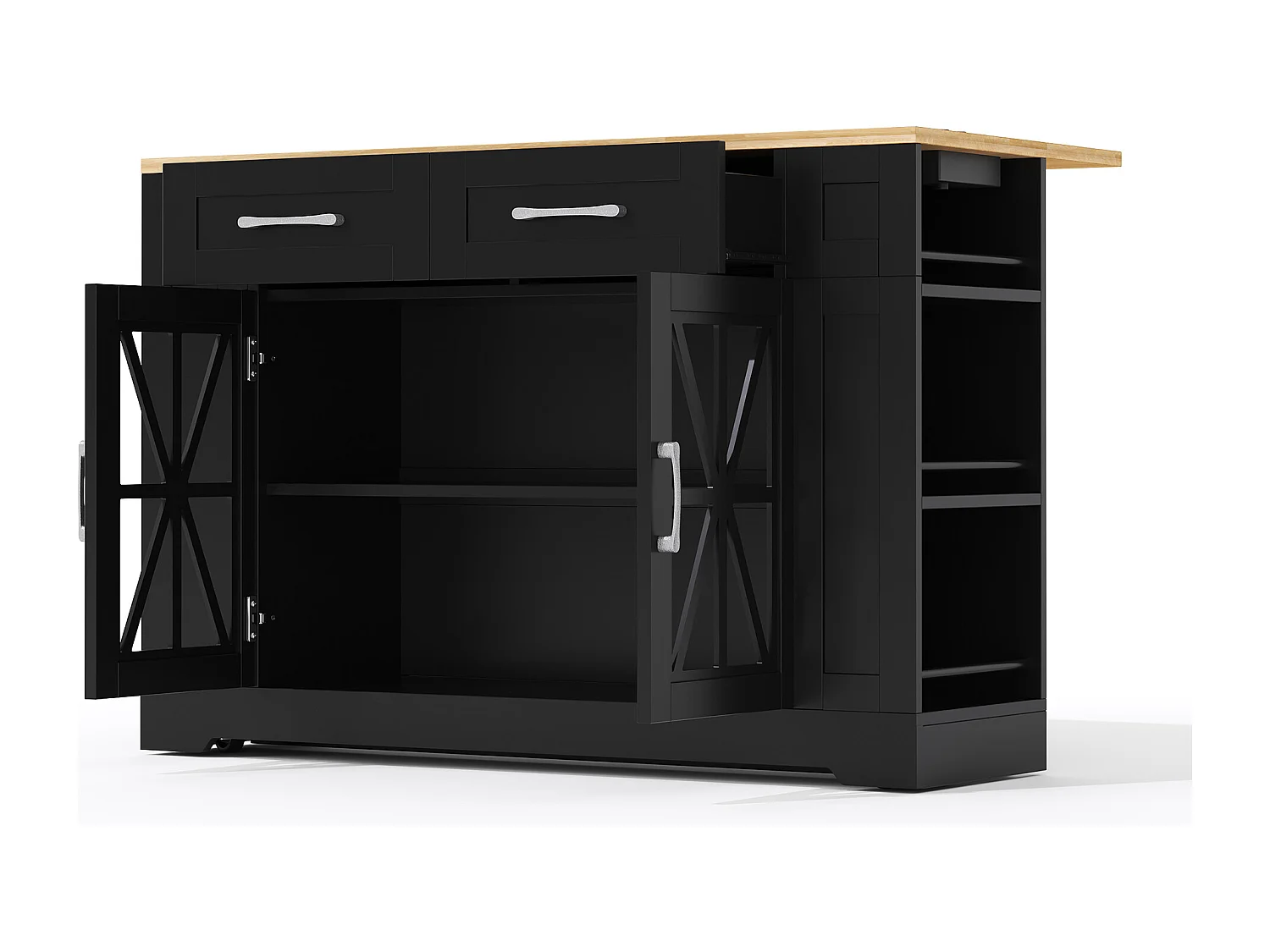 Ilot central de cuisine mobile - avec USB - plateau extensible - 2 tiroirs et 2 portes - MDF - Noir