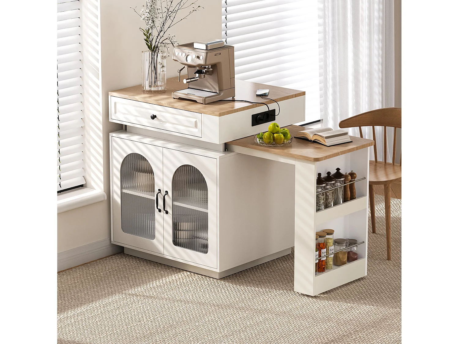 Ilot central de cuisine - table à manger extensible - avec éclairage LED - avec prise de courant - avec roulettes et espace de rangement - naturel + blanc