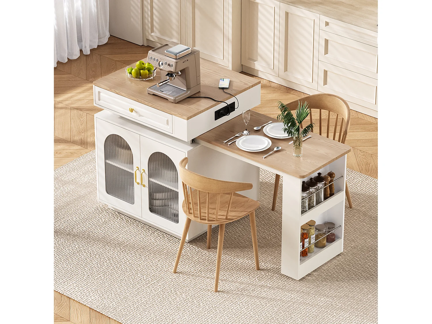 Ilot central de cuisine - table à manger extensible - avec éclairage LED - avec prise de courant - avec roulettes et espace de rangement - naturel + blanc