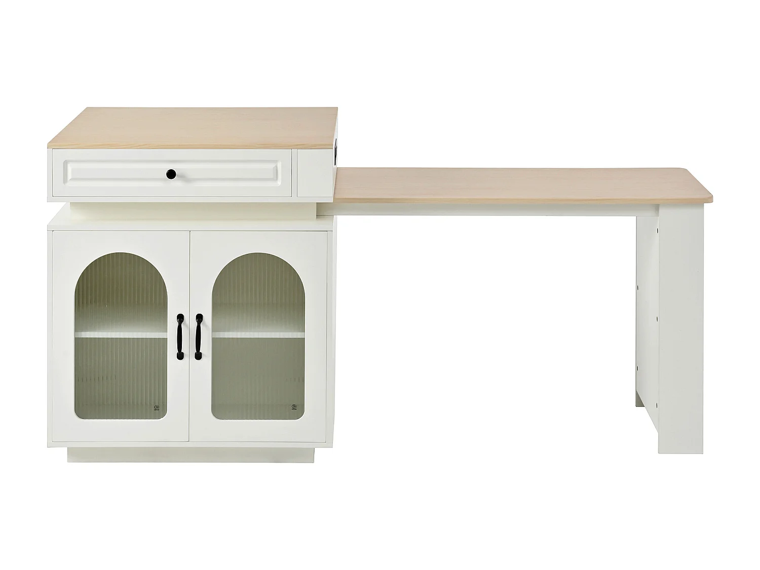 Ilot central de cuisine - table à manger extensible - avec éclairage LED - avec prise de courant - avec roulettes et espace de rangement - naturel + blanc