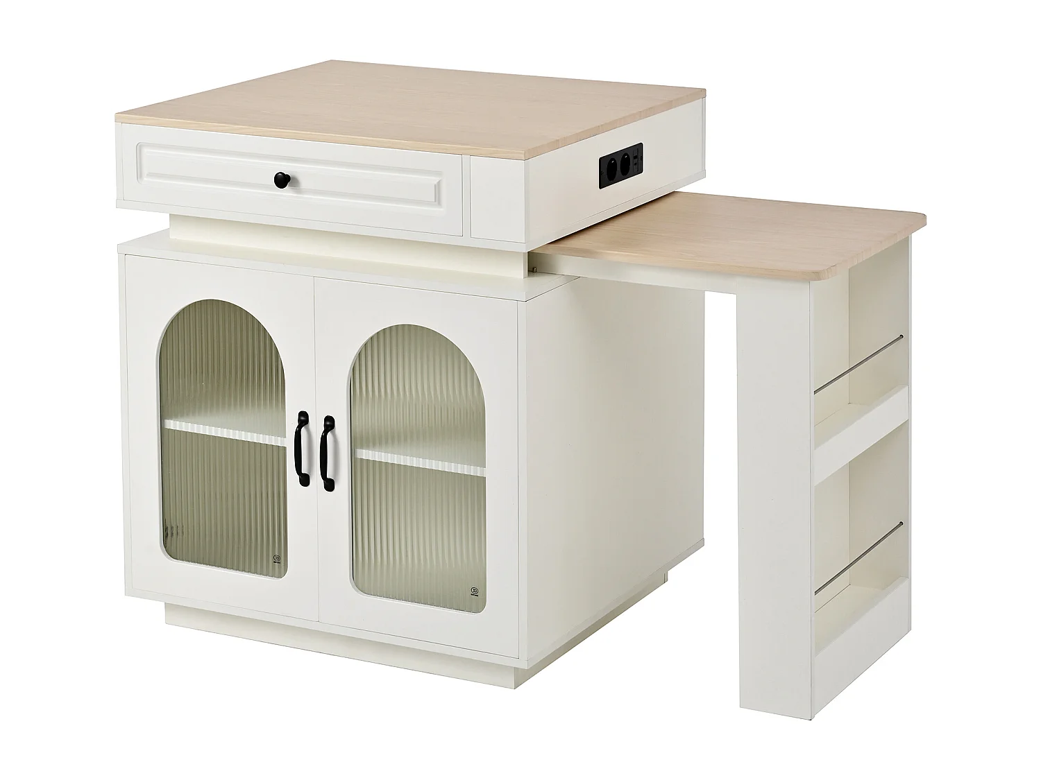 Ilot central de cuisine - table à manger extensible - avec éclairage LED - avec prise de courant - avec roulettes et espace de rangement - naturel + blanc