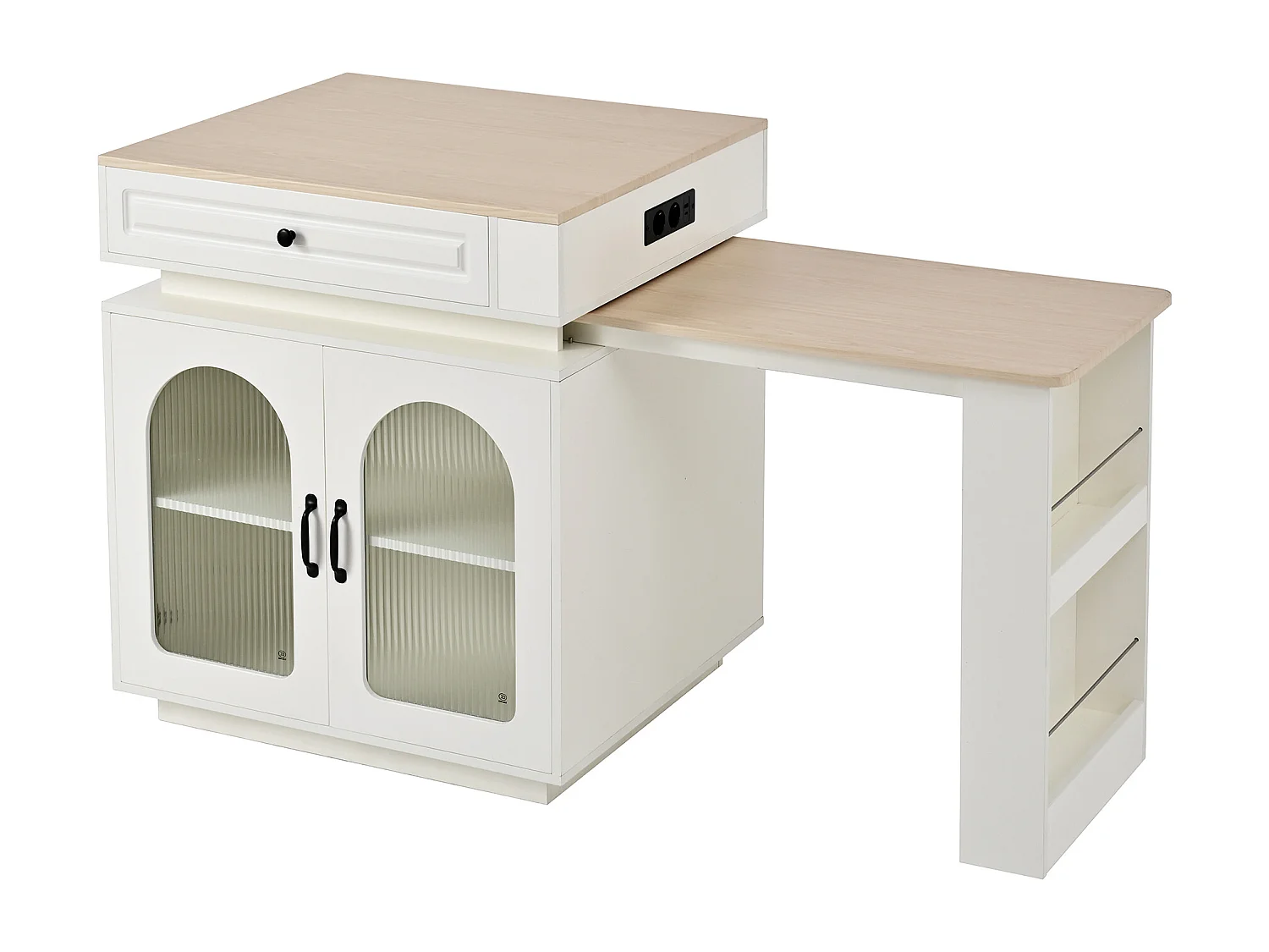 Ilot central de cuisine - table à manger extensible - avec éclairage LED - avec prise de courant - avec roulettes et espace de rangement - naturel + blanc