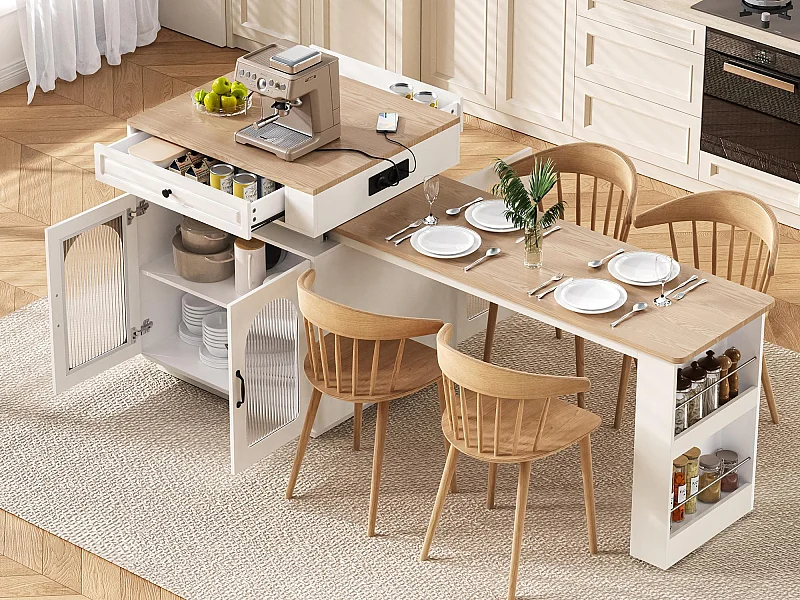 Ilot central de cuisine - table à manger extensible - avec éclairage LED - avec prise de courant - avec roulettes et espace de rangement - naturel + blanc