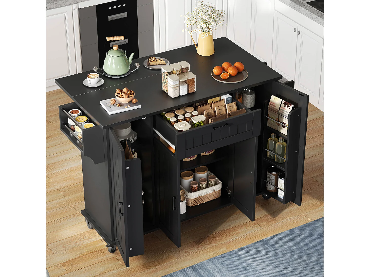 Mobiel keukeneiland - uitschuifbaar aanrechtblad - met handdoekhouder - met 1 lade en 4 deuren - MDF - Zwart