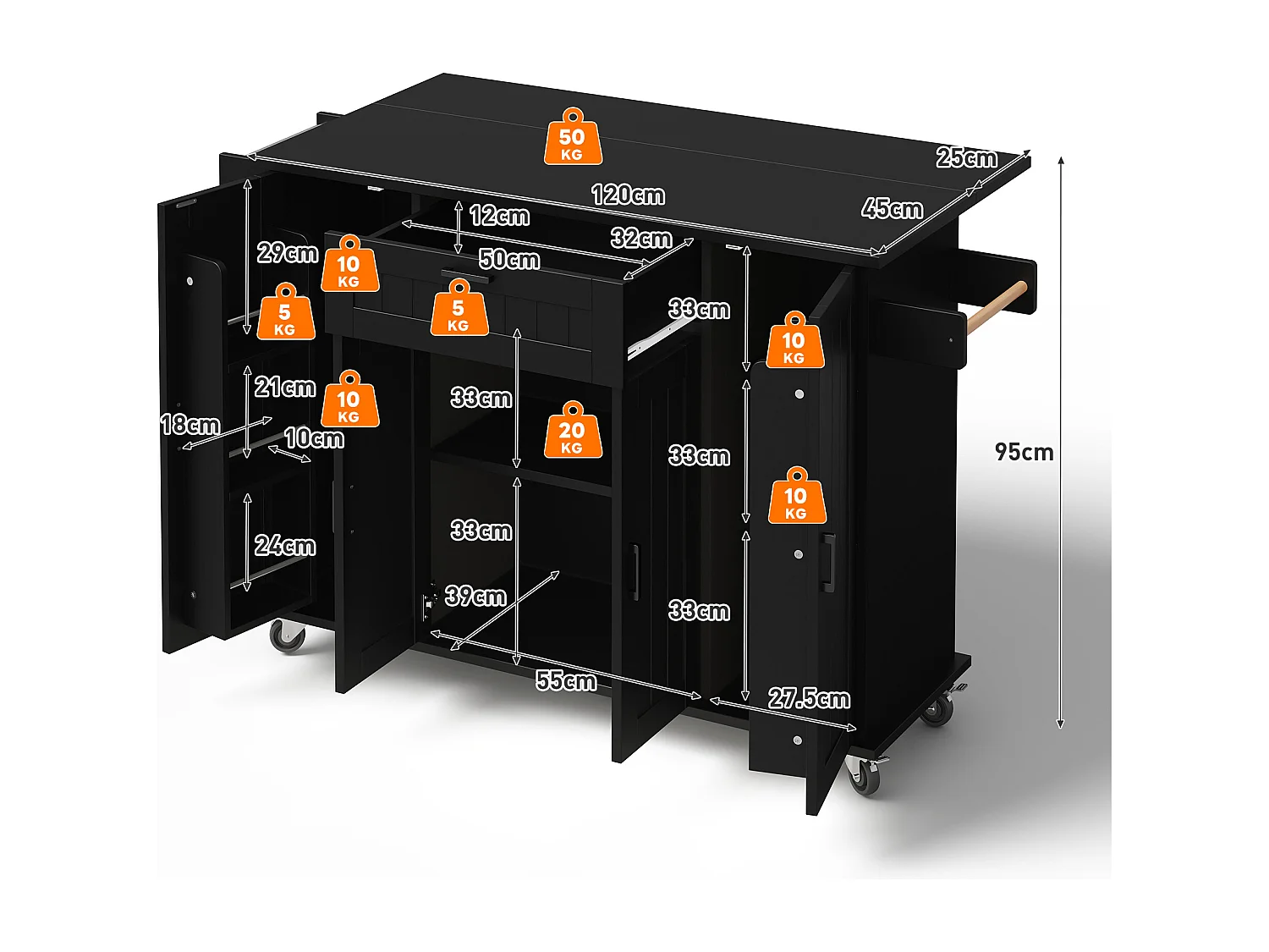 Mobiel keukeneiland - uitschuifbaar aanrechtblad - met handdoekhouder - met 1 lade en 4 deuren - MDF - Zwart