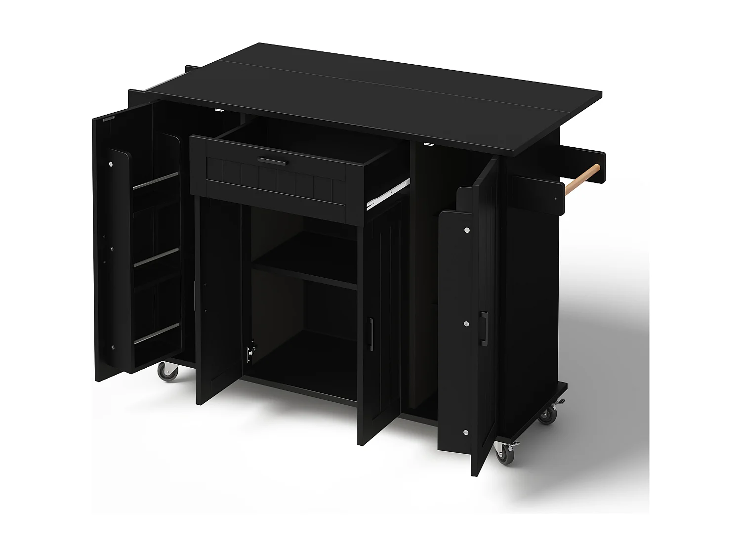 Mobiel keukeneiland - uitschuifbaar aanrechtblad - met handdoekhouder - met 1 lade en 4 deuren - MDF - Zwart