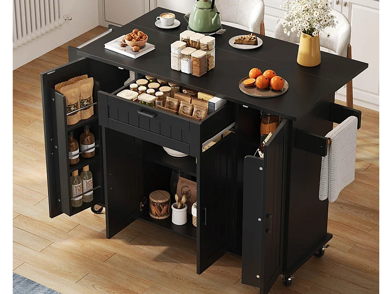 Mobiel keukeneiland - uitschuifbaar aanrechtblad - met handdoekhouder - met 1 lade en 4 deuren - MDF - Zwart