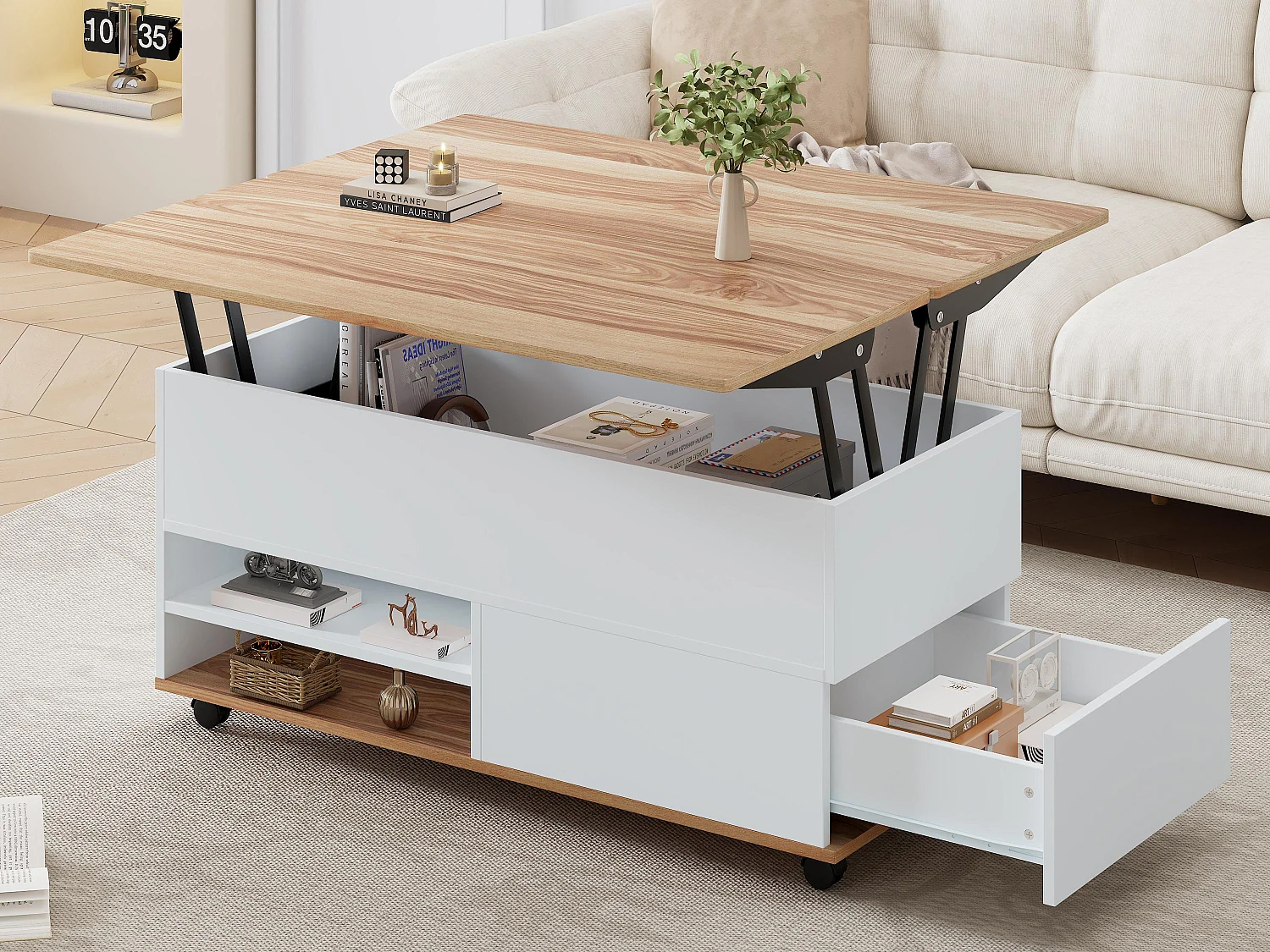 Höhenverstellbarer Couchtisch 100x98x65 cm - mit Rollen - 1 Schublade und 1 Tür - mit verstecktem Stauraum - Weiß + Natur