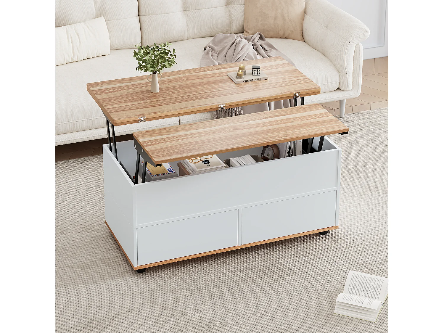 Höhenverstellbarer Couchtisch 100x98x65 cm - mit Rollen - 1 Schublade und 1 Tür - mit verstecktem Stauraum - Weiß + Natur