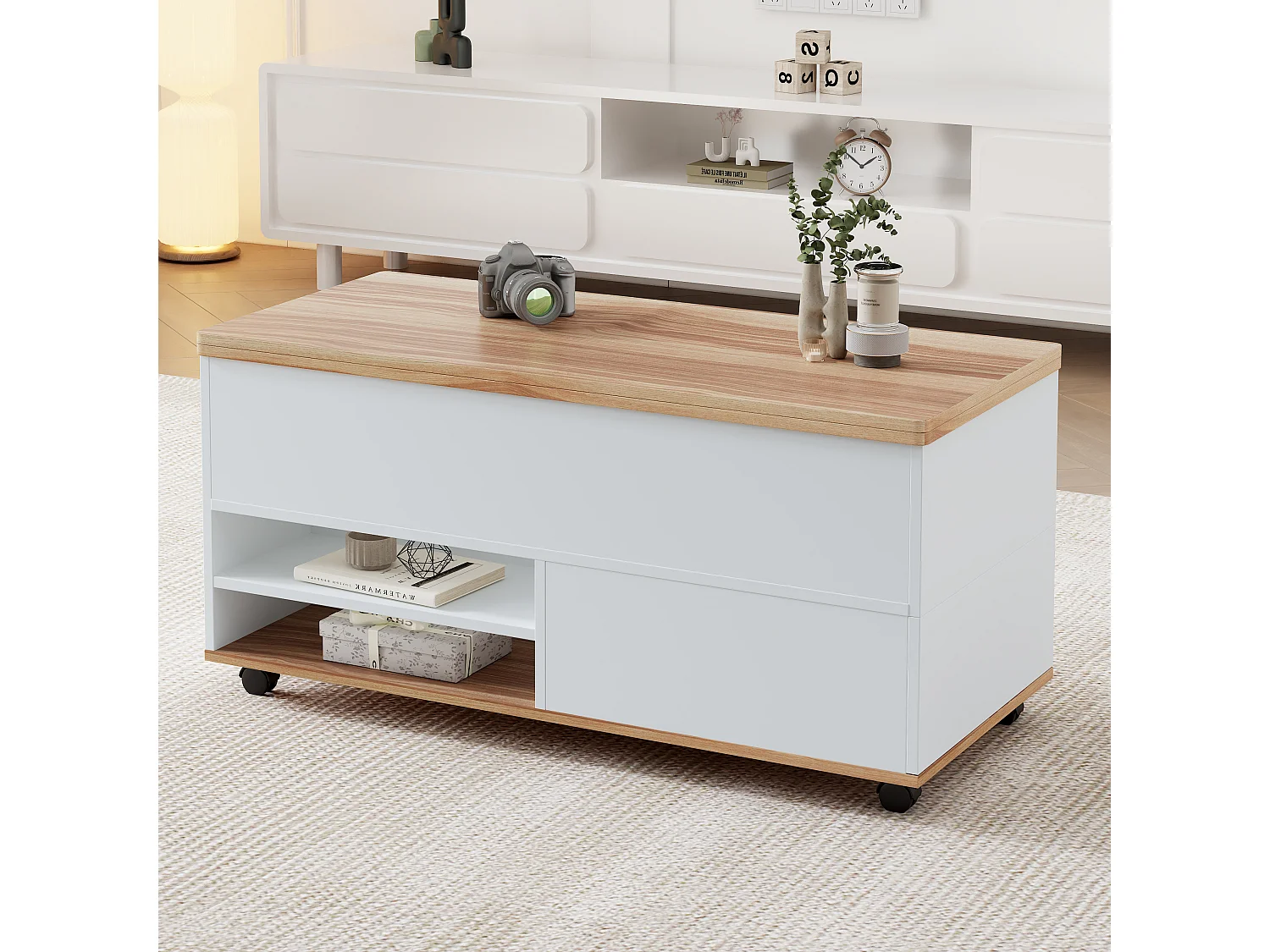 Höhenverstellbarer Couchtisch 100x98x65 cm - mit Rollen - 1 Schublade und 1 Tür - mit verstecktem Stauraum - Weiß + Natur