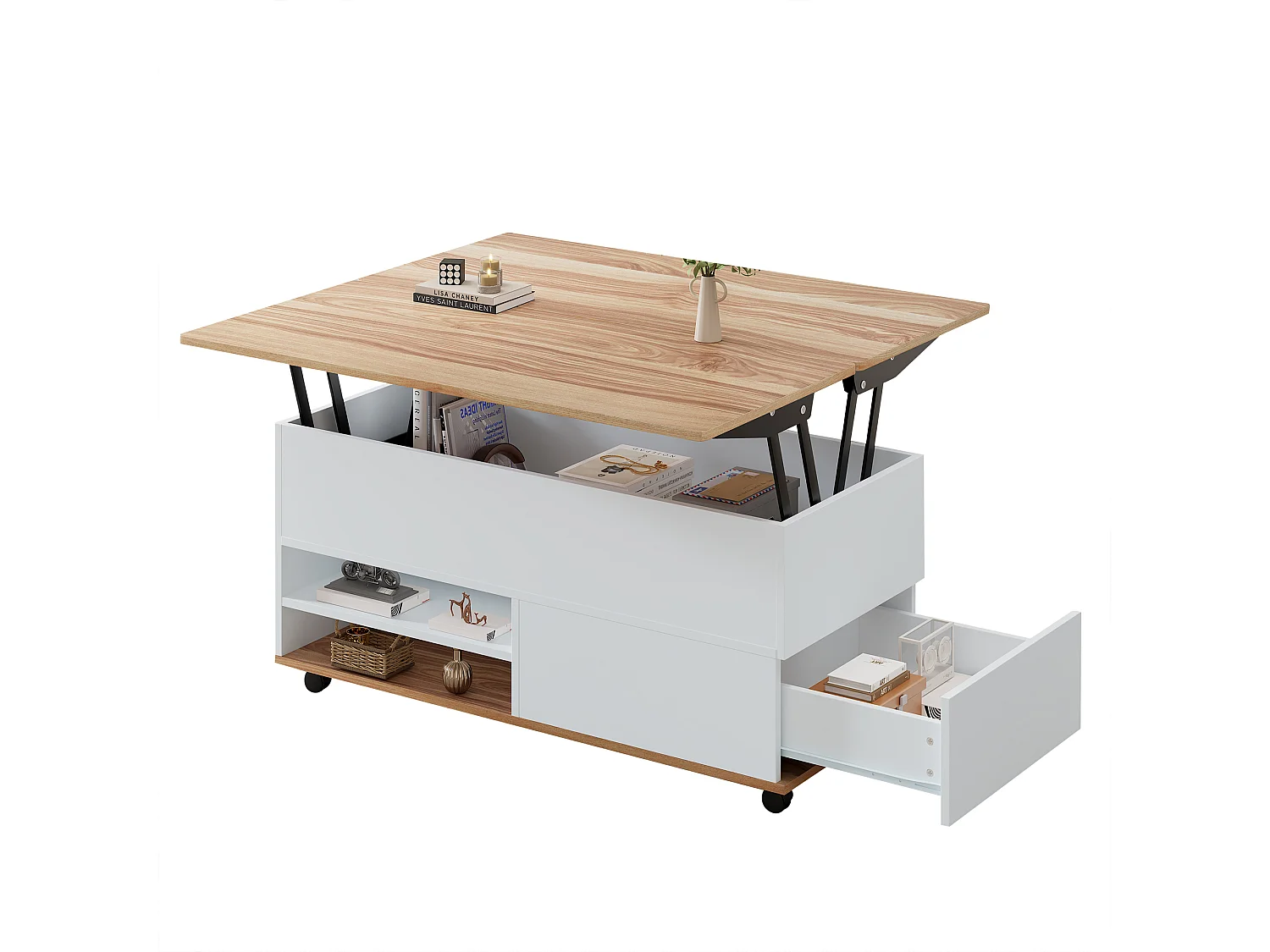 Höhenverstellbarer Couchtisch 100x98x65 cm - mit Rollen - 1 Schublade und 1 Tür - mit verstecktem Stauraum - Weiß + Natur