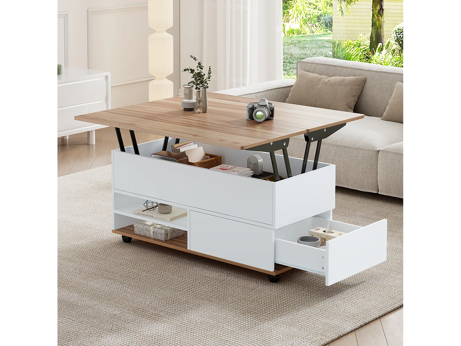 Tavolino da salotto sollevabile 100x98x65 cm - con rotelle - 1 cassetto e 1 anta - con spazio di riporre nascosto - Bianco + Naturale