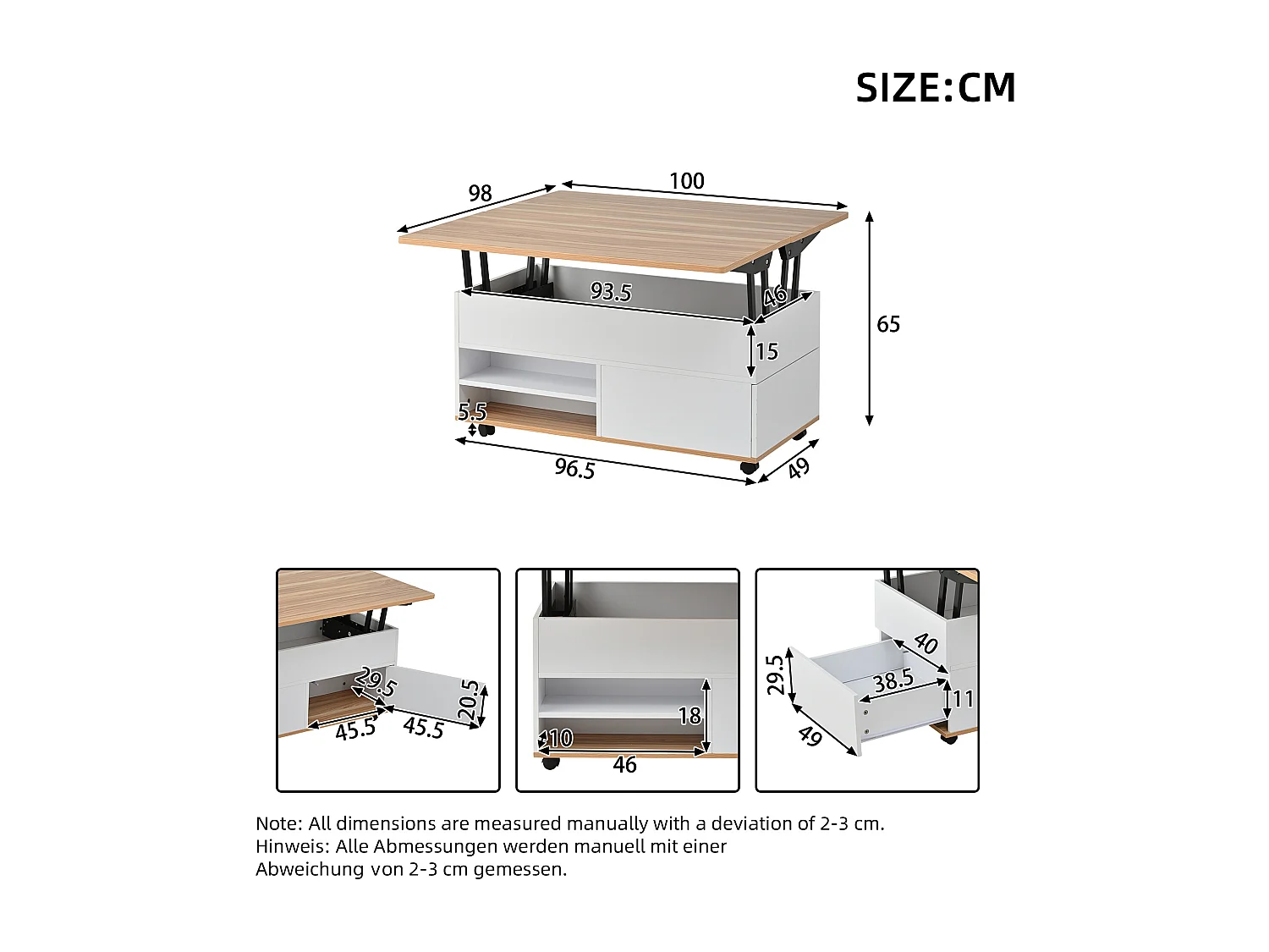 Tavolino da salotto sollevabile 100x98x65 cm - con rotelle - 1 cassetto e 1 anta - con spazio di riporre nascosto - Bianco + Naturale