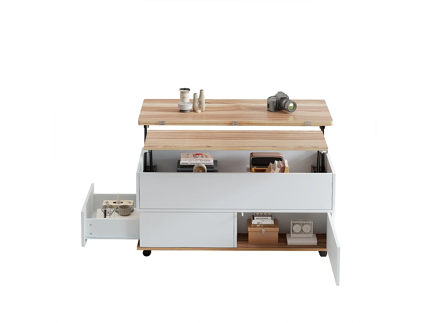 Tavolino da salotto sollevabile 100x98x65 cm - con rotelle - 1 cassetto e 1 anta - con spazio di riporre nascosto - Bianco + Naturale