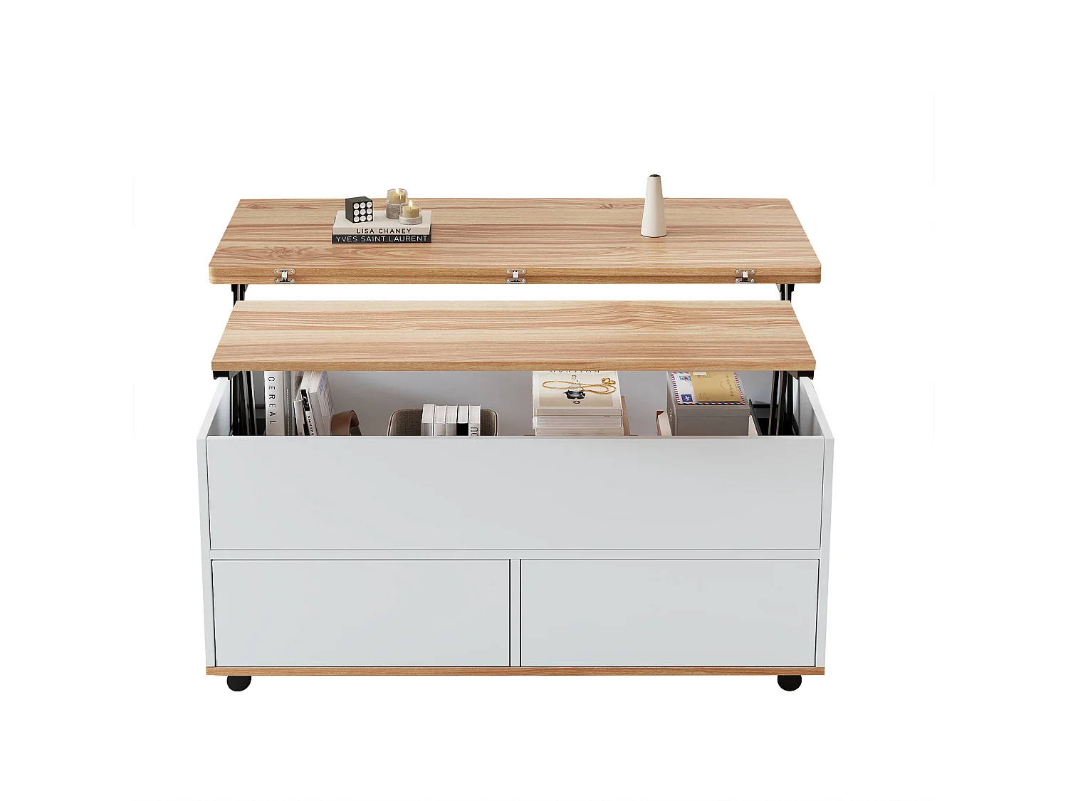 Tavolino da salotto sollevabile 100x98x65 cm - con rotelle - 1 cassetto e 1 anta - con spazio di riporre nascosto - Bianco + Naturale