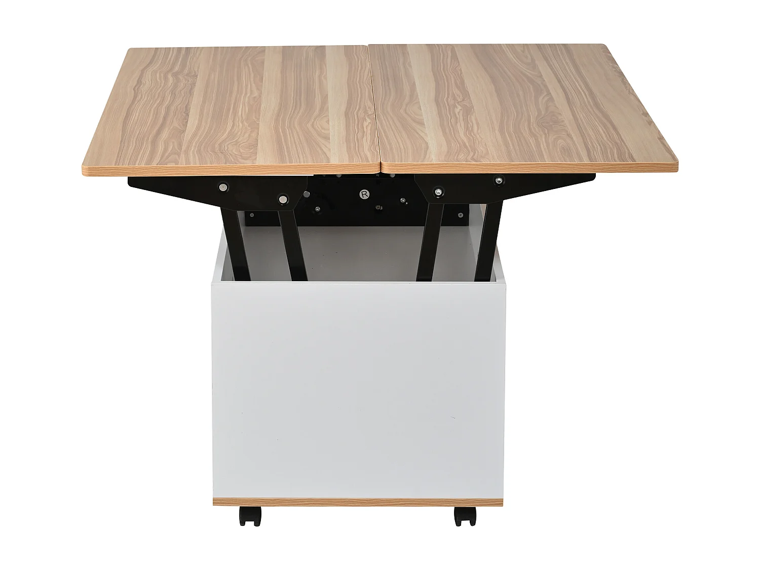 Tavolino da salotto sollevabile 100x98x65 cm - con rotelle - 1 cassetto e 1 anta - con spazio di riporre nascosto - Bianco + Naturale