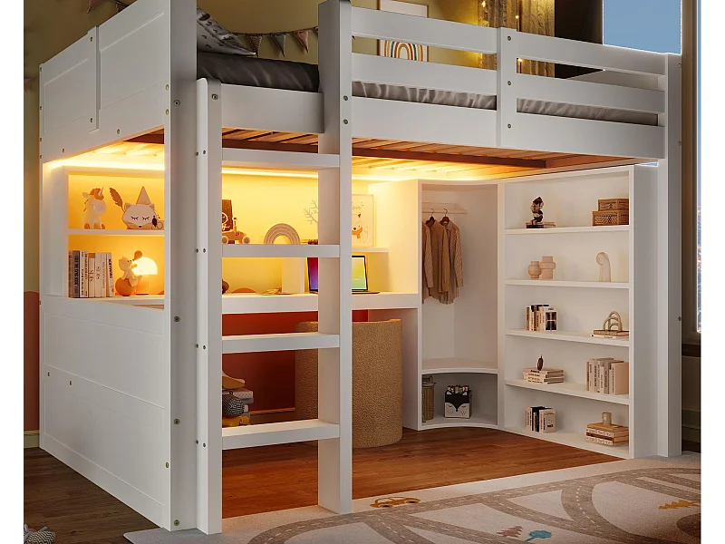 Lit mezzanine 140x200cm - avec éclairage LED - avec armoire + bureau - avec 3 tiroirs - avec compartiments de rangement - blanc