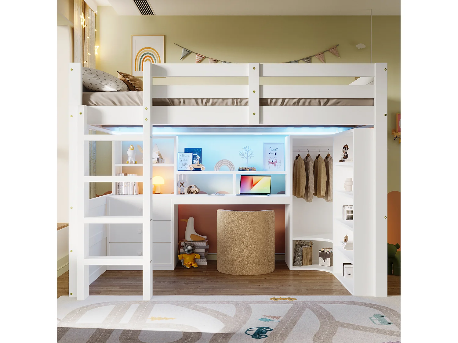 Lit mezzanine 140x200cm - avec éclairage LED - avec armoire + bureau - avec 3 tiroirs - avec compartiments de rangement - blanc