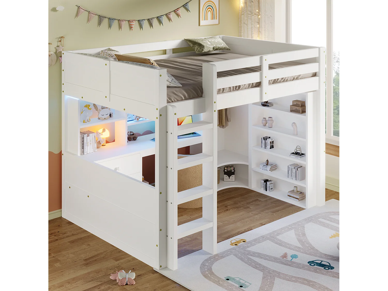 Lit mezzanine 140x200cm - avec éclairage LED - avec armoire + bureau - avec 3 tiroirs - avec compartiments de rangement - blanc