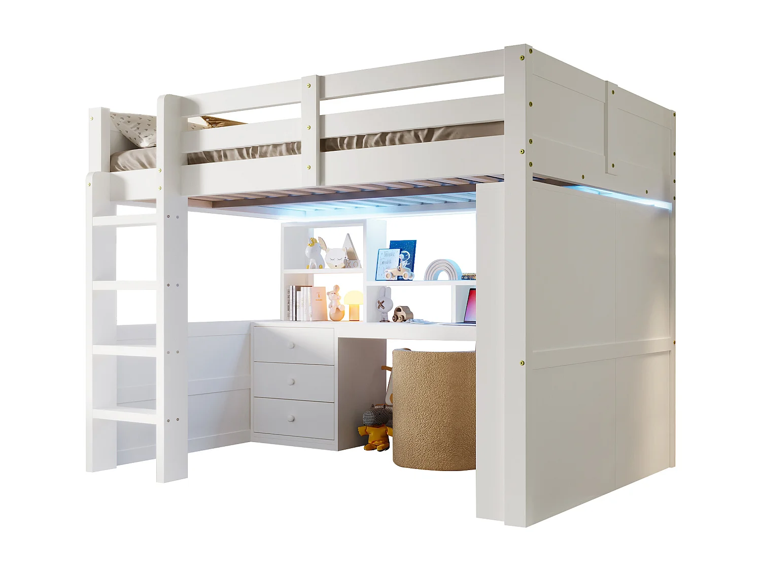 Lit mezzanine 140x200cm - avec éclairage LED - avec armoire + bureau - avec 3 tiroirs - avec compartiments de rangement - blanc