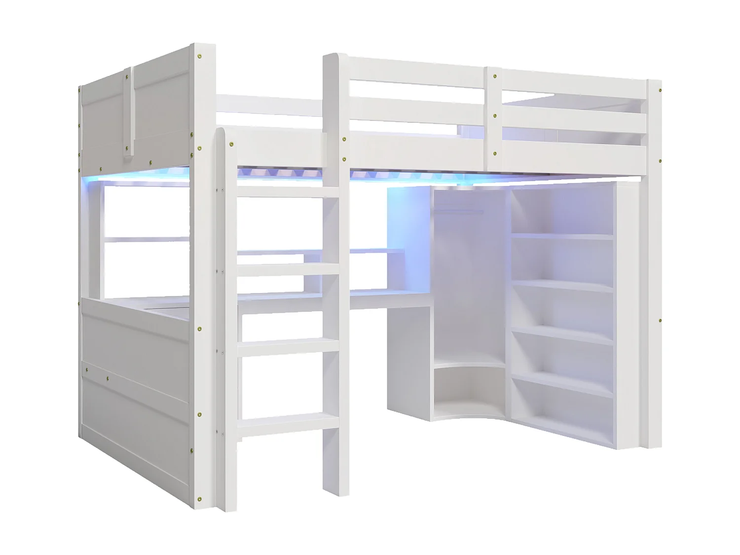 Lit mezzanine 140x200cm - avec éclairage LED - avec armoire + bureau - avec 3 tiroirs - avec compartiments de rangement - blanc
