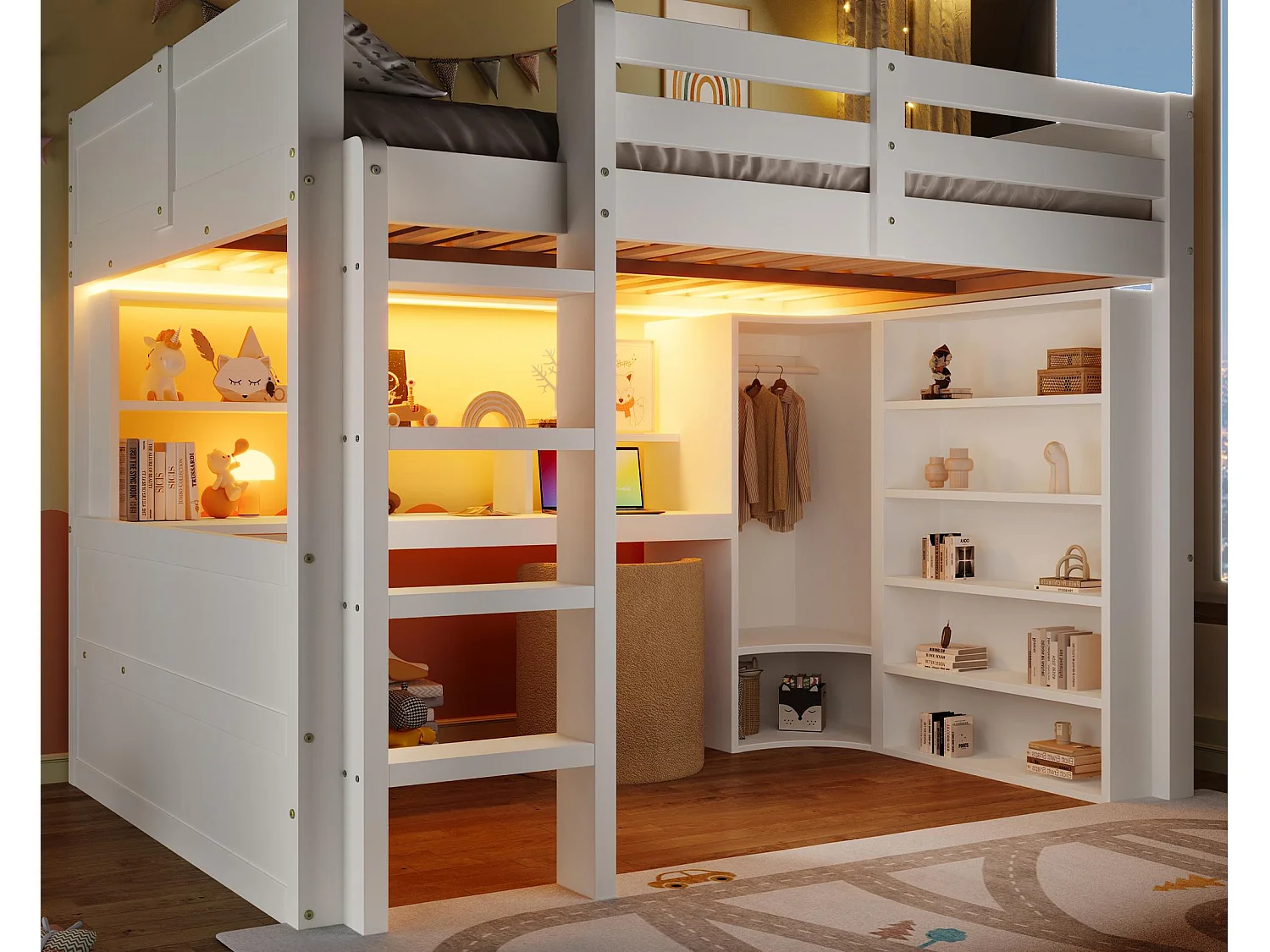 Hochbett 140x200cm - mit LED-Beleuchtung - mit Schrank + Schreibtisch - mit 3 Schubladen - mit Staufächern - weiß