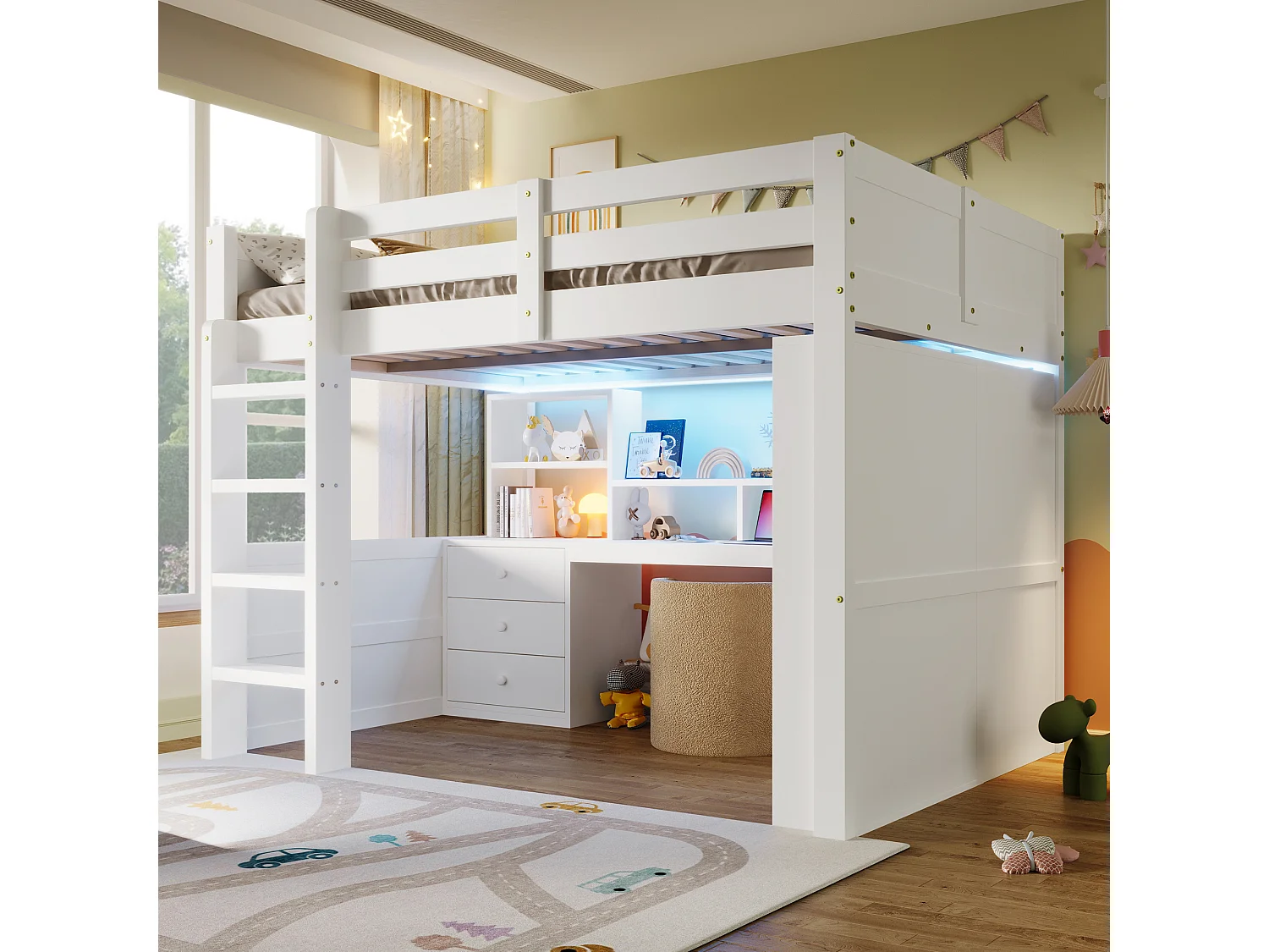 Hochbett 140x200cm - mit LED-Beleuchtung - mit Schrank + Schreibtisch - mit 3 Schubladen - mit Staufächern - weiß