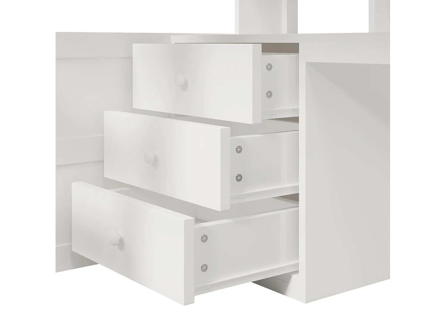 Hochbett 140x200cm - mit LED-Beleuchtung - mit Schrank + Schreibtisch - mit 3 Schubladen - mit Staufächern - weiß