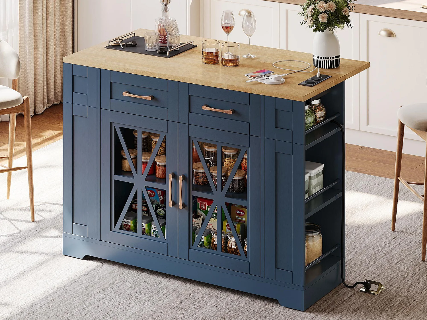Ilot central de cuisine mobile - avec USB - plateau extensible - 2 tiroirs et 2 portes - MDF - Bleu