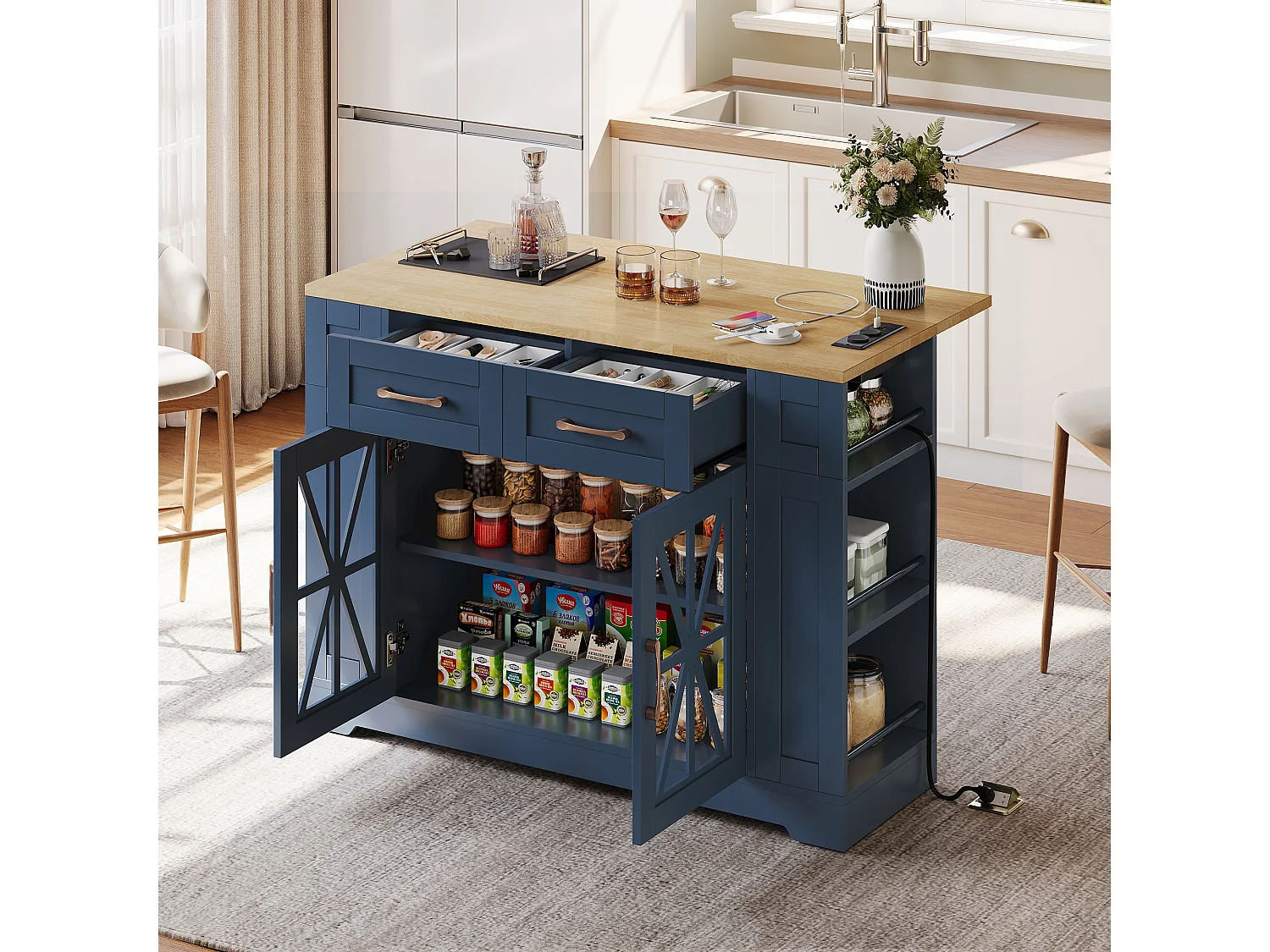 Ilot central de cuisine mobile - avec USB - plateau extensible - 2 tiroirs et 2 portes - MDF - Bleu