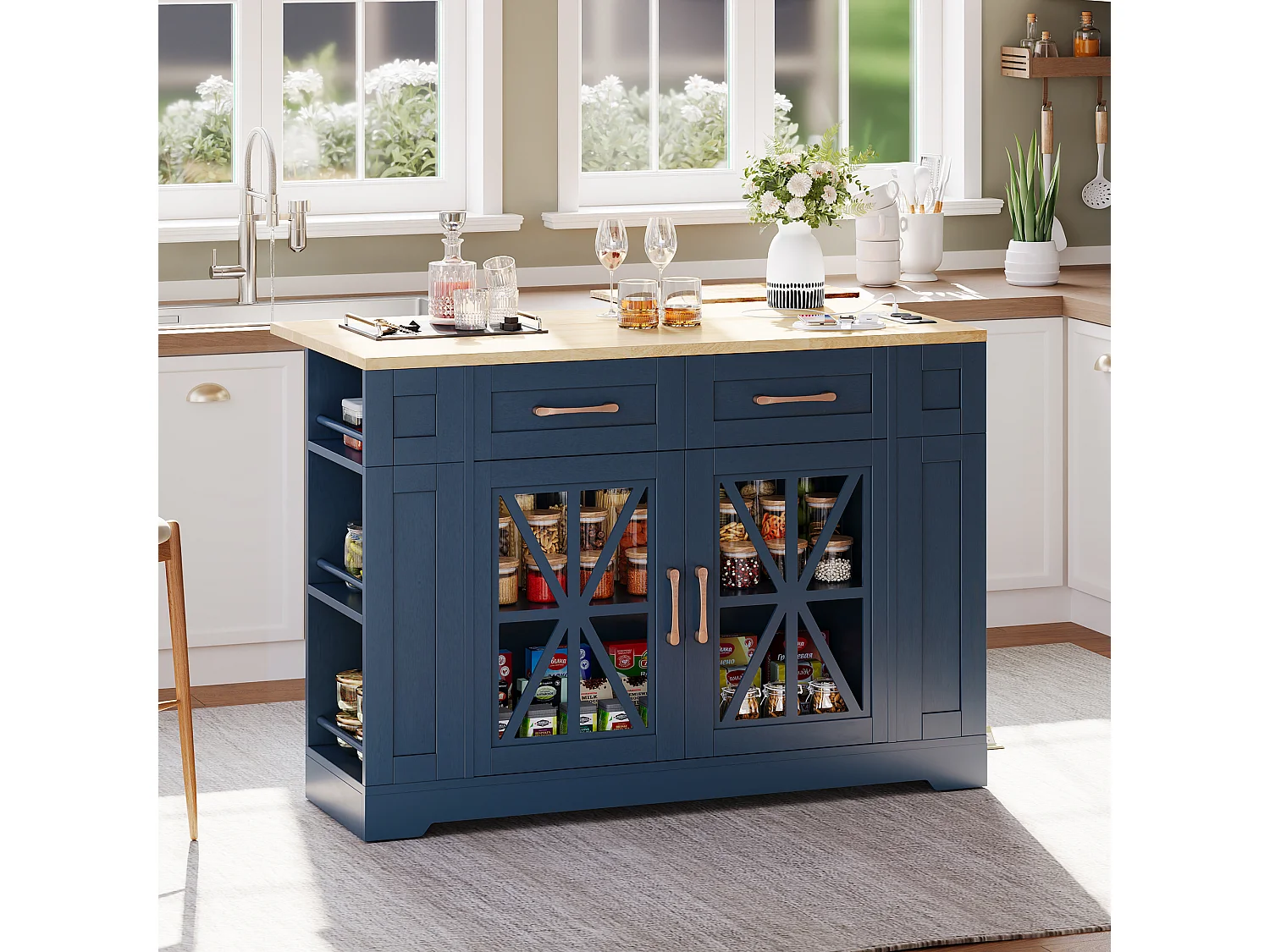 Ilot central de cuisine mobile - avec USB - plateau extensible - 2 tiroirs et 2 portes - MDF - Bleu