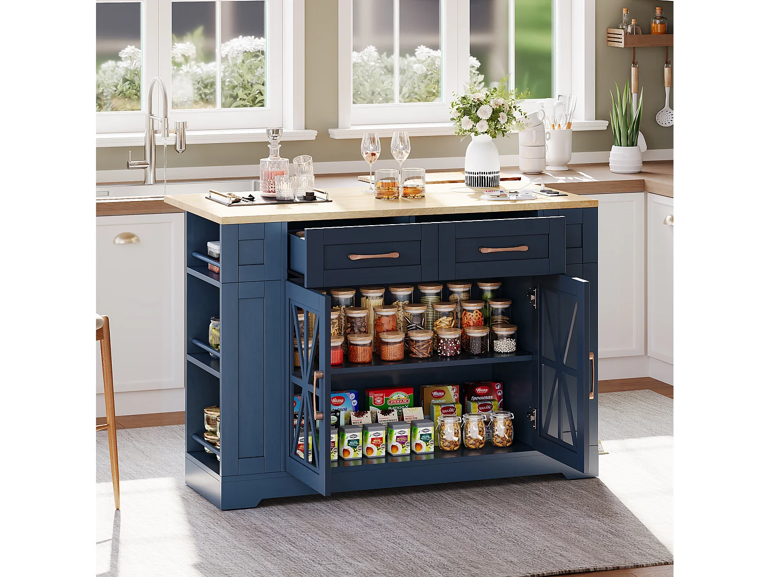 Ilot central de cuisine mobile - avec USB - plateau extensible - 2 tiroirs et 2 portes - MDF - Bleu