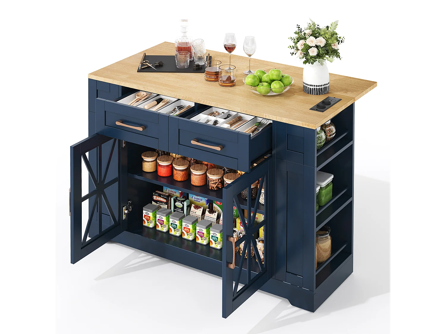 Ilot central de cuisine mobile - avec USB - plateau extensible - 2 tiroirs et 2 portes - MDF - Bleu
