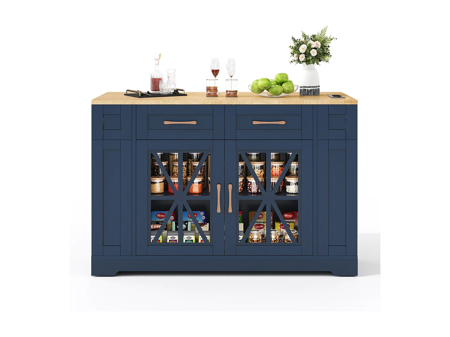 Ilot central de cuisine mobile - avec USB - plateau extensible - 2 tiroirs et 2 portes - MDF - Bleu