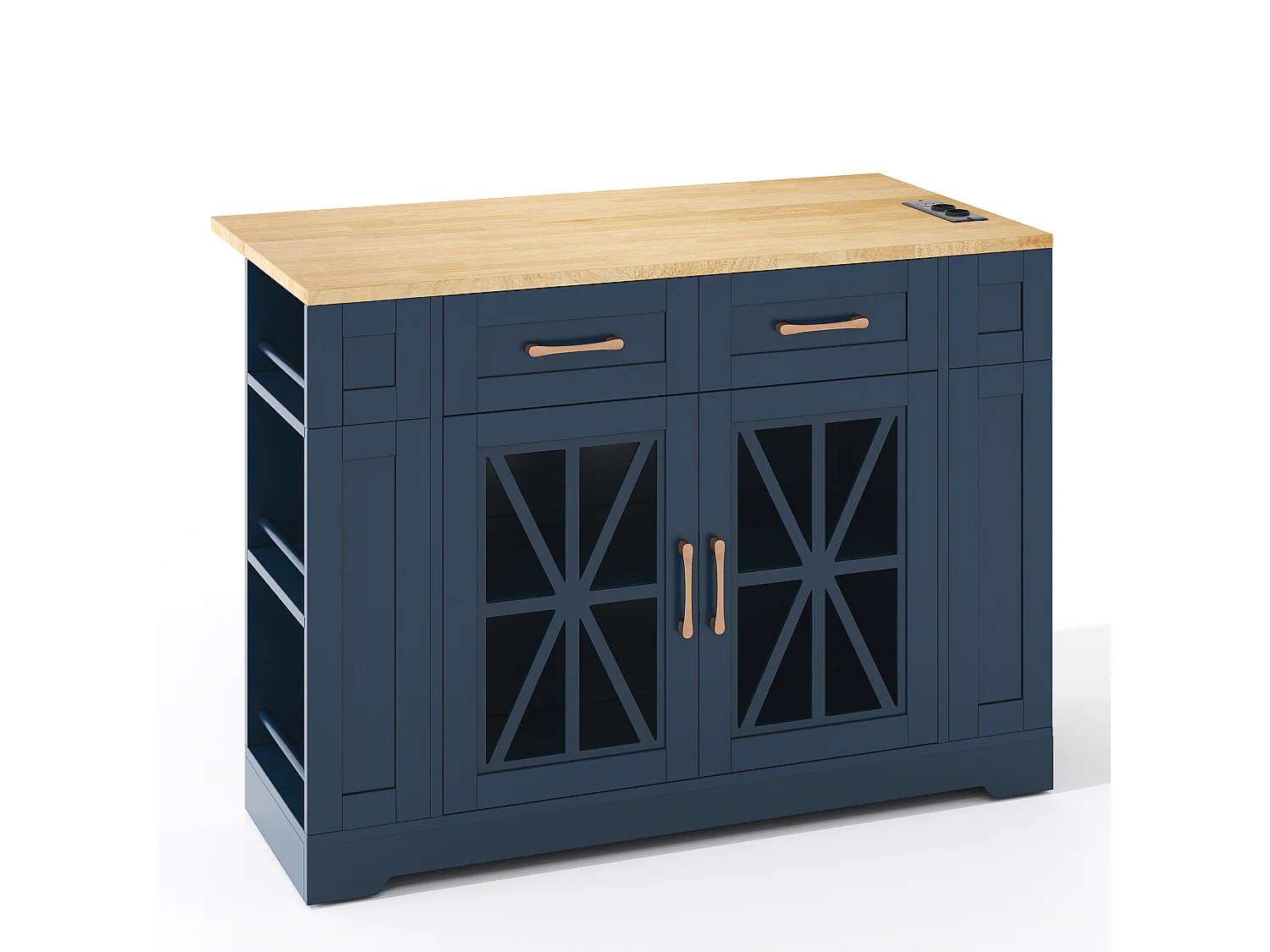 Ilot central de cuisine mobile - avec USB - plateau extensible - 2 tiroirs et 2 portes - MDF - Bleu