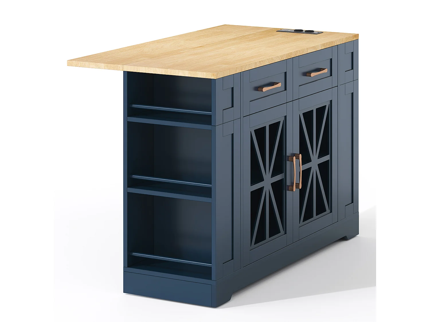 Ilot central de cuisine mobile - avec USB - plateau extensible - 2 tiroirs et 2 portes - MDF - Bleu