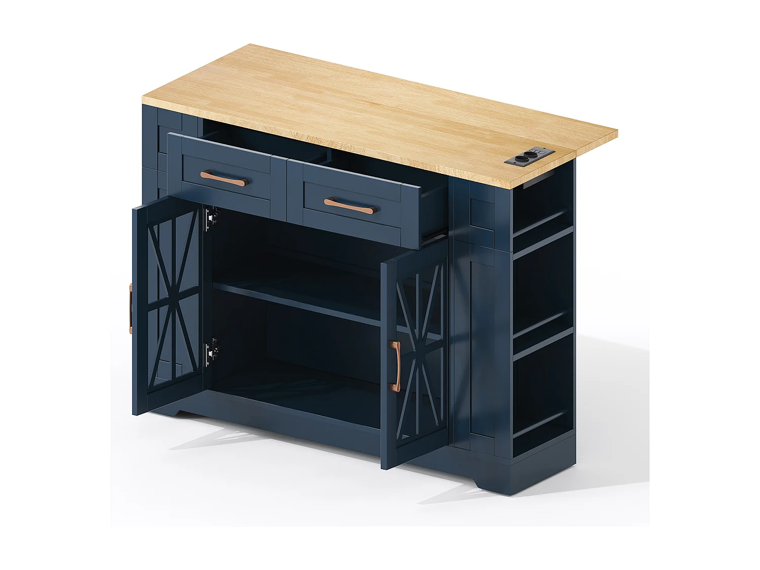 Ilot central de cuisine mobile - avec USB - plateau extensible - 2 tiroirs et 2 portes - MDF - Bleu