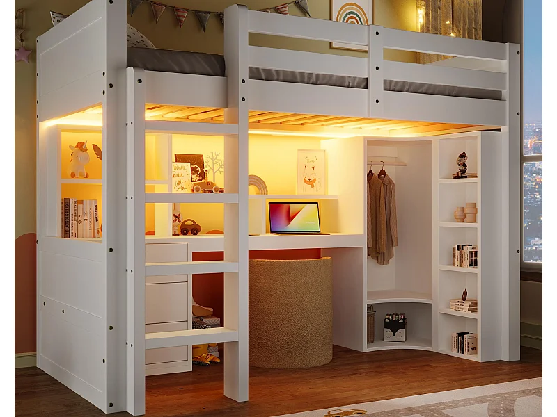 Lit mezzanine 90x200cm - avec éclairage LED - avec armoire + bureau - avec 3 tiroirs - avec compartiments de rangement - blanc