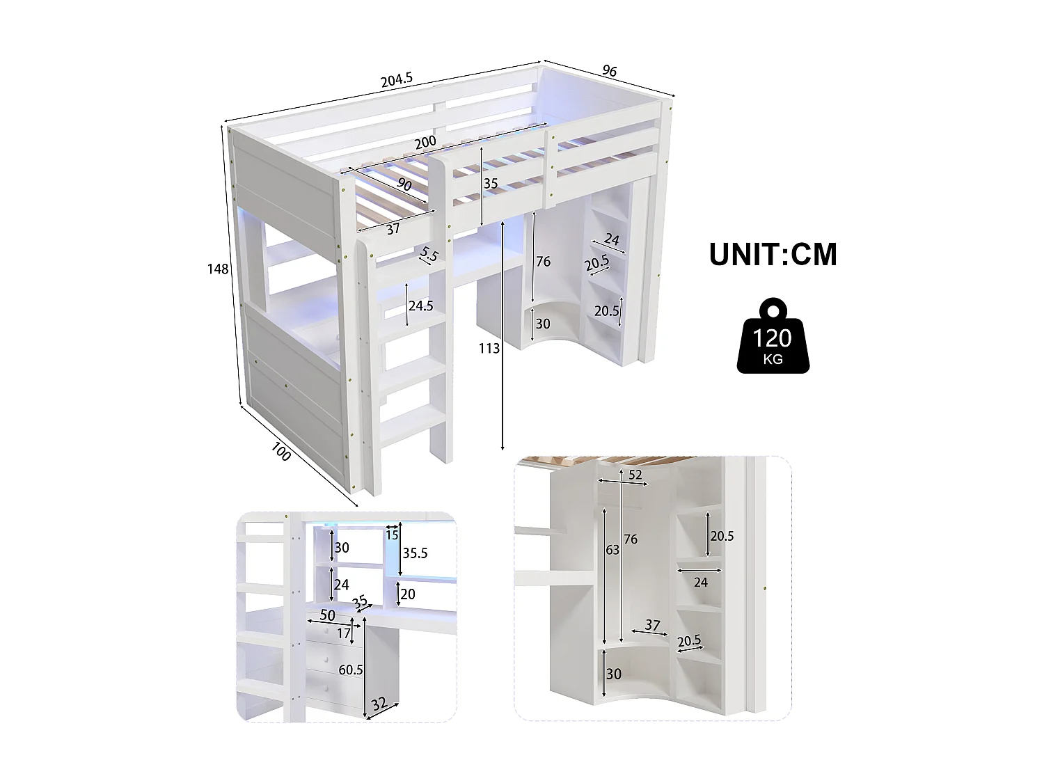 Cama altillo 90x200cm - con iluminación LED - con armario + escritorio - con 3 cajones - con compartimentos de almacenamiento - blanco