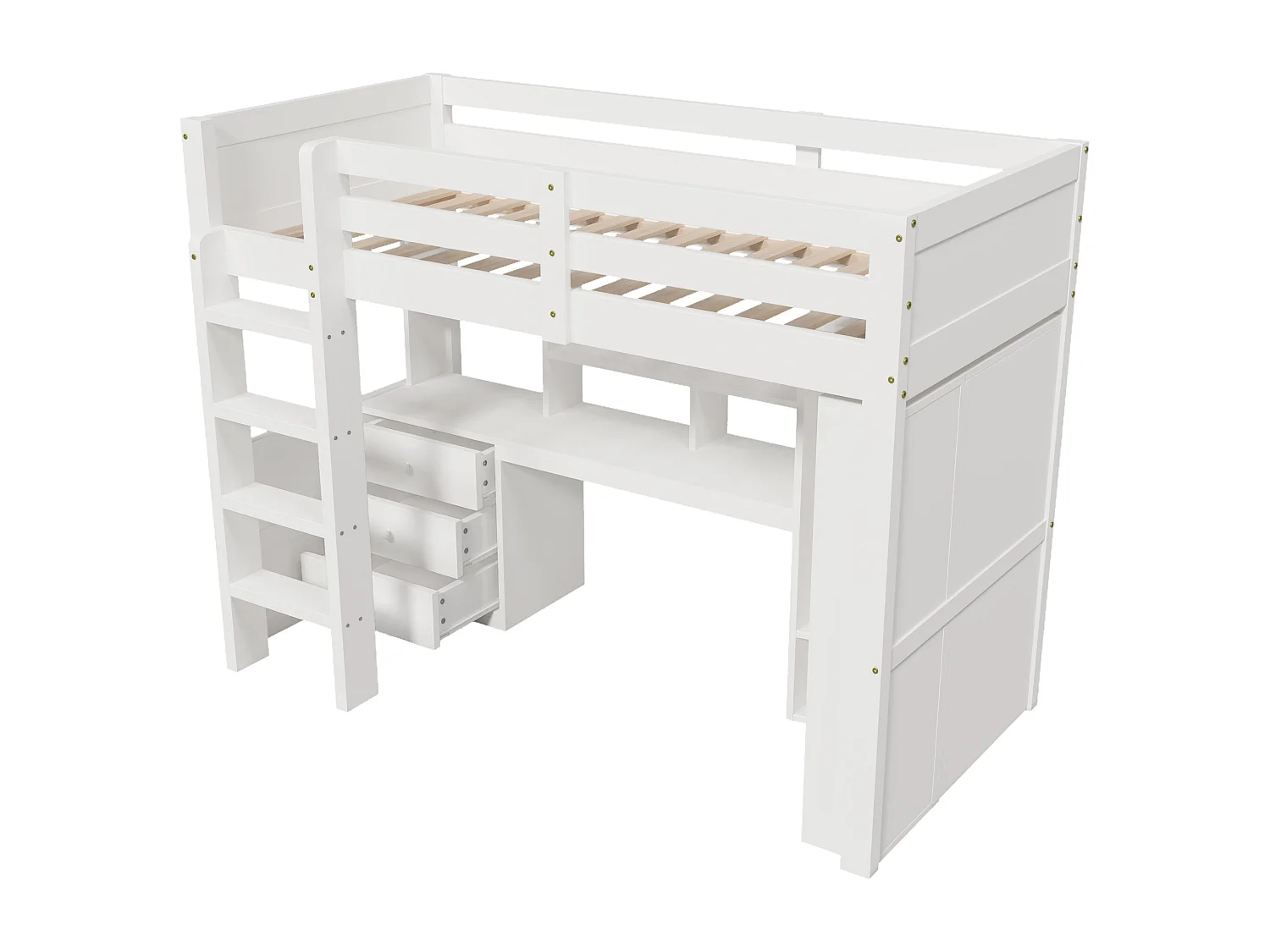 Cama altillo 90x200cm - con iluminación LED - con armario + escritorio - con 3 cajones - con compartimentos de almacenamiento - blanco