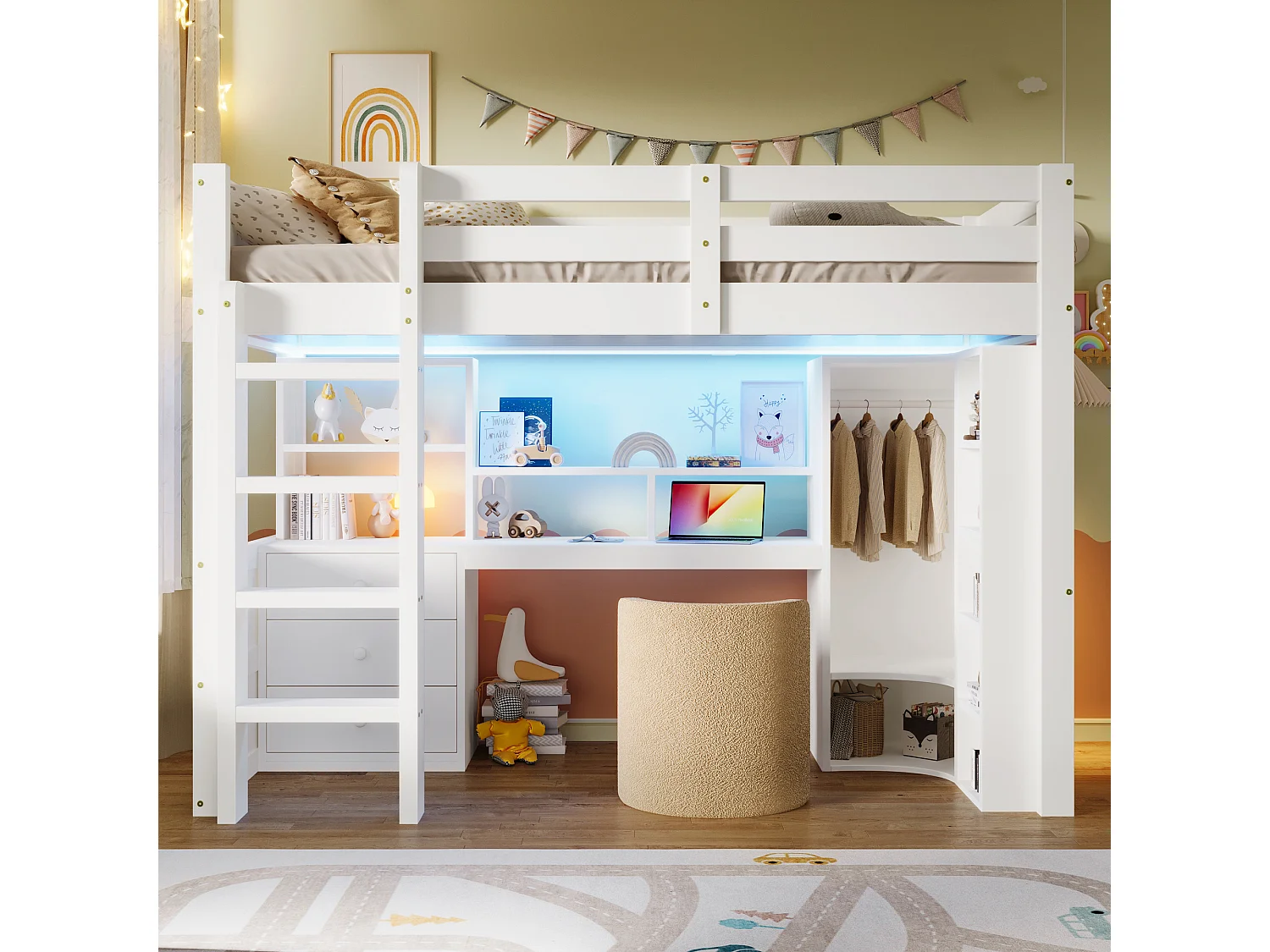 Hochbett 90x200cm - mit LED-Beleuchtung - mit Schrank + Schreibtisch - mit 3 Schubladen - mit Staufächern - weiß